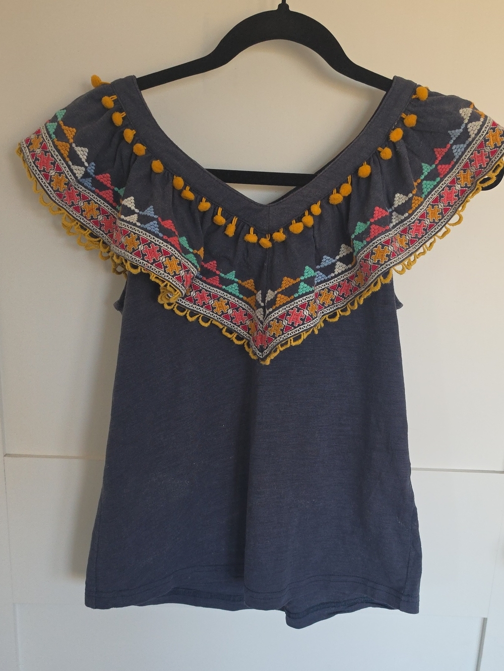 THML Navy Off-Shoulder Embroidered Pom-Pom Tank Top